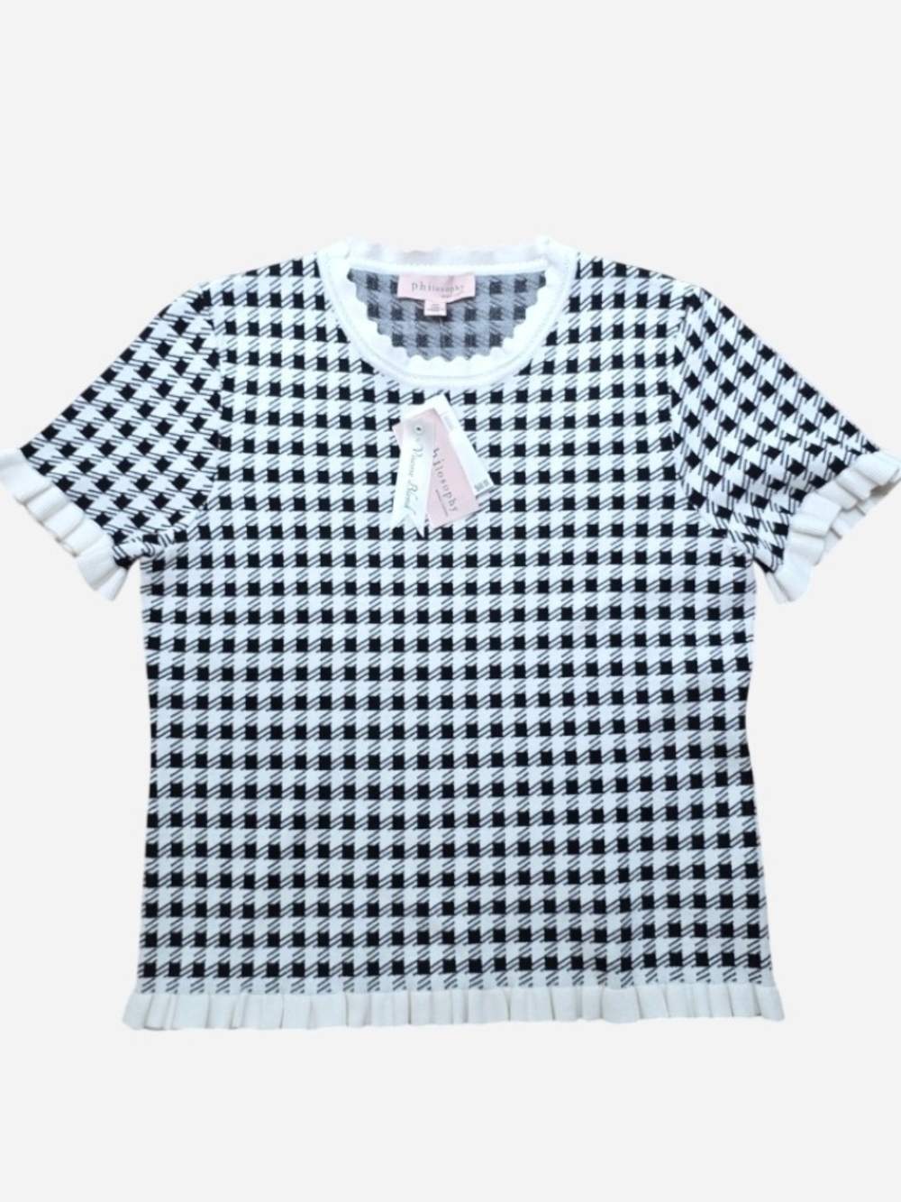 Philosophy Black and White Ruffled Houndstooth Gingham Jacquard Knit Top, M